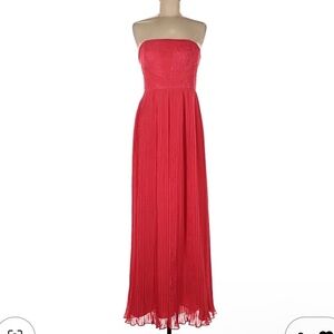 Strapless Pleated Chiffon Maxi Cocktail Coral/Watermelon Red Dress